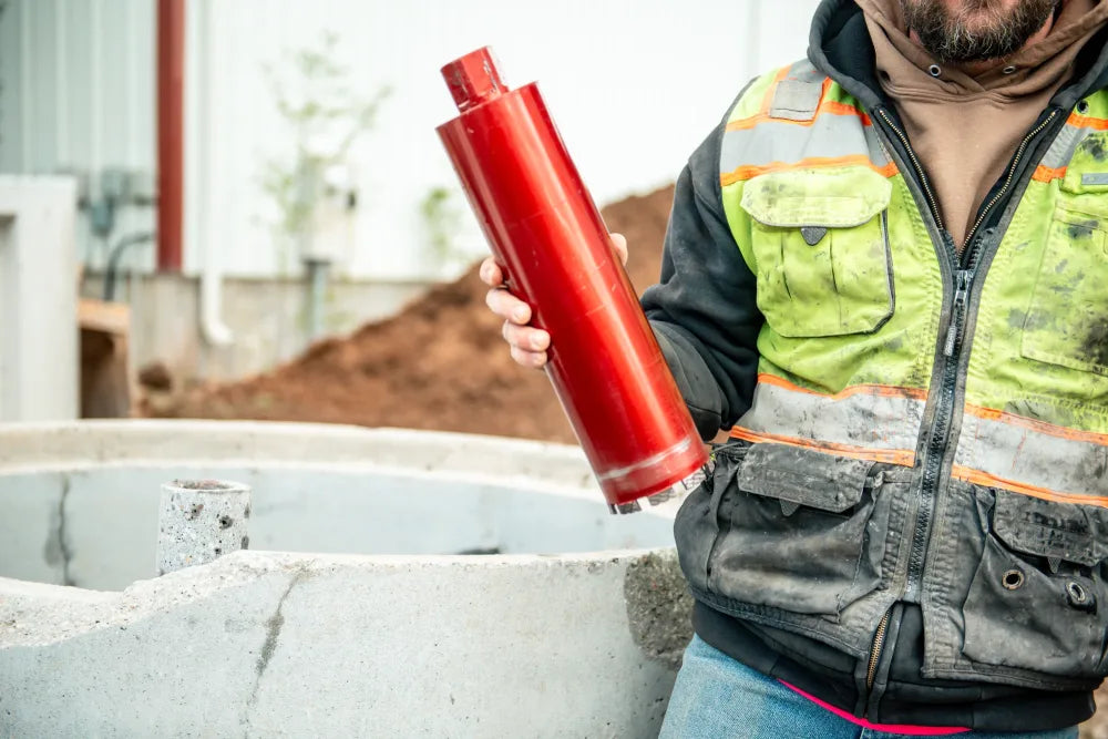 Contractor holding a red diamond core bit on a jobsite